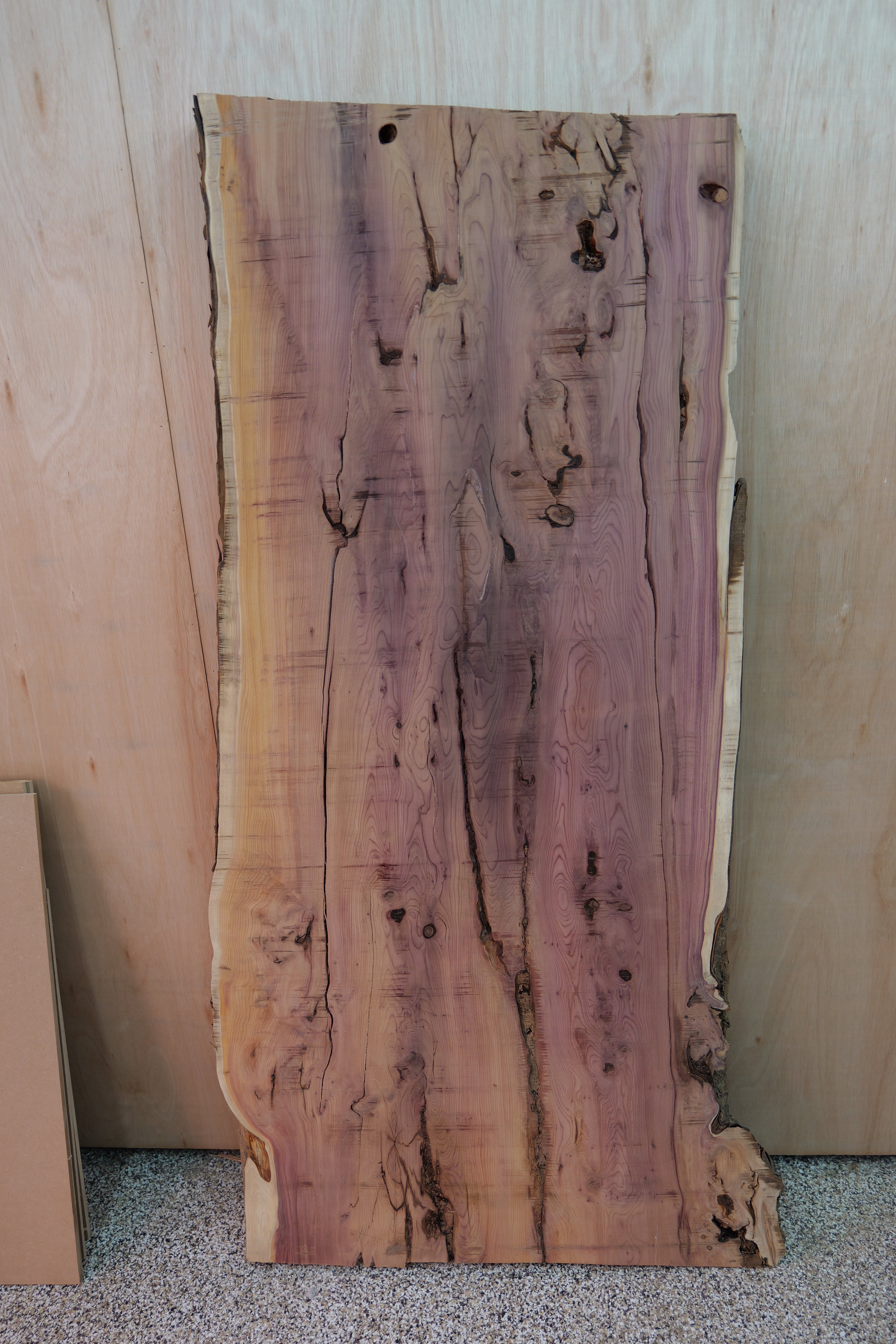 Wooden slab with purple and brown hues on a neutral background