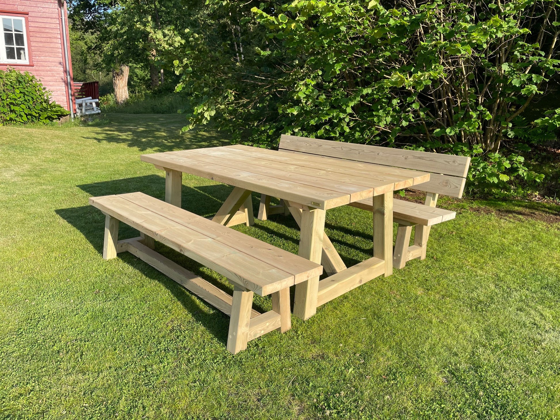 Modern Scandinavian outdoor furniture set with wooden bench and chair