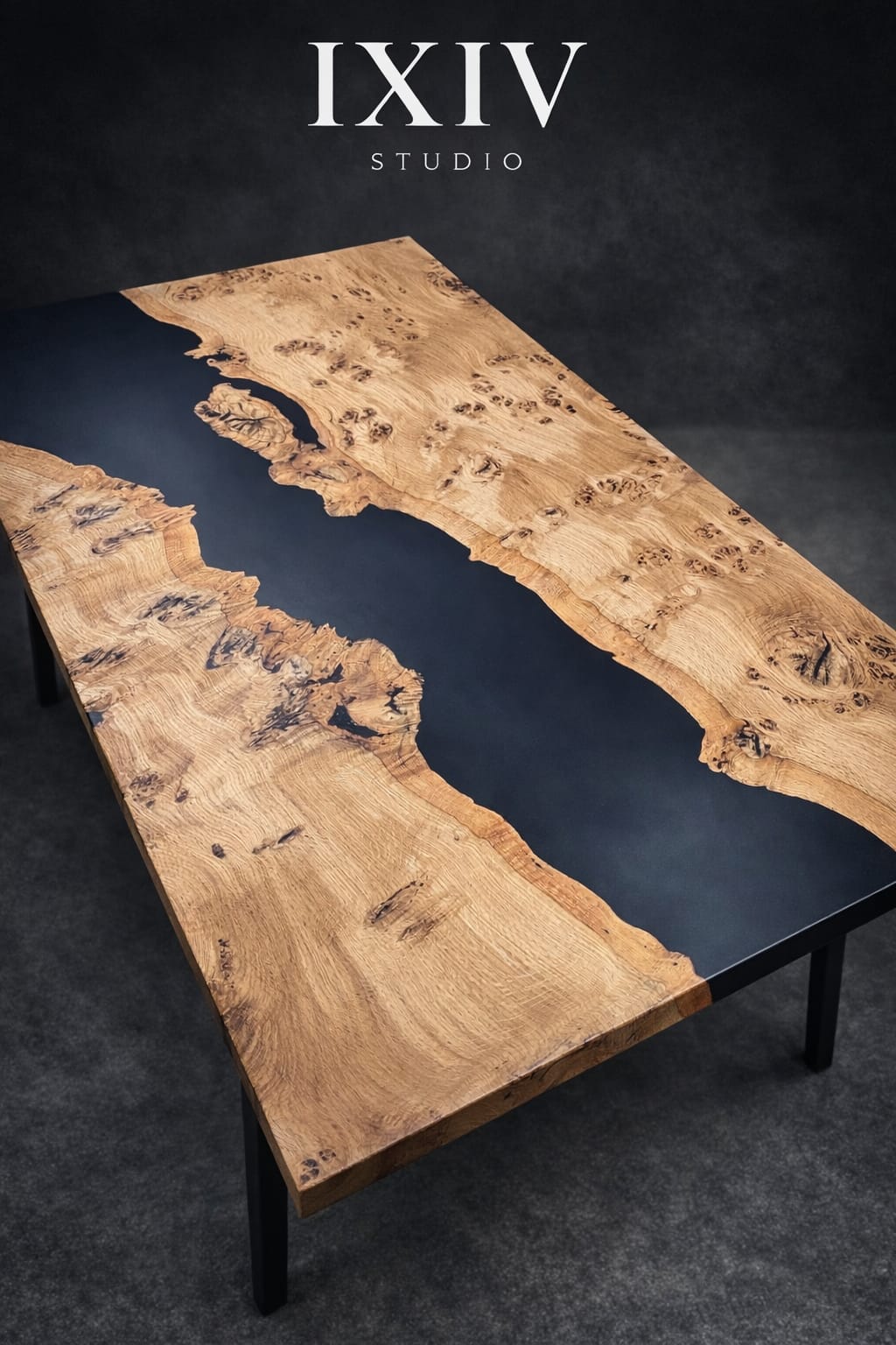 custom wooden oak table with black epoxy resin